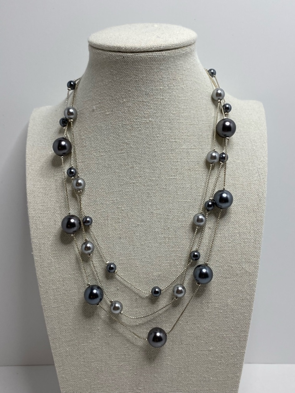 RMN Gray Tone Faux Pearl Necklace Multi Layered Floating Statement Signed